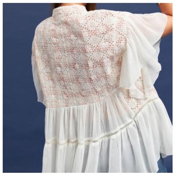 Anthropologie Akemi + Kin Lindy Popover Top Eyelet Embroidery White Pink Flowy S - Picture 3 of 15